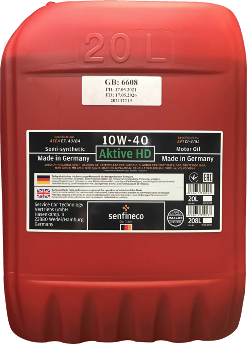 Масло моторное Aktive HD 10W-40 API CI-4/SL ACEA E7, A3/B4, кан..20 л. Senfineco 20-8495