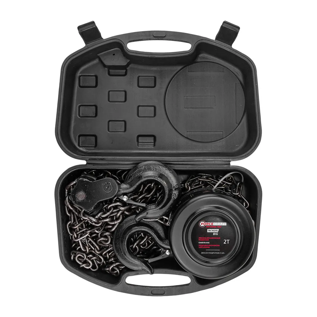 Таль механическая подвесная с фиксацией цепи натяжения, 2 т, длина цепи - 2.5м в кейсе ForceKraft FK-TRC9020S BIG