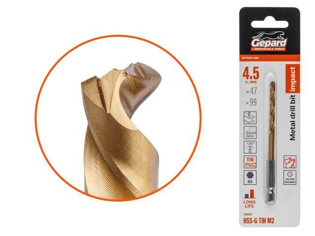 Сверло по металлу шестигр. 4.5х47х99 мм HSS-G TIN многогранная заточка GEPARD GP1045-099