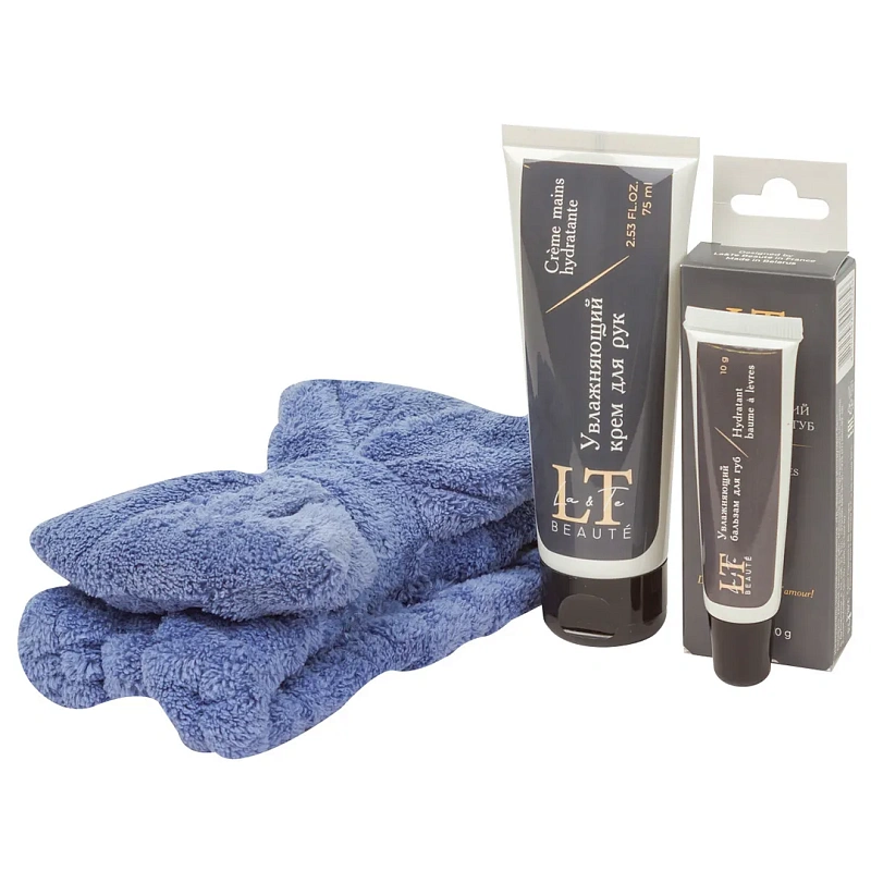 Набор: увлажняющий бальзам для губ 10 гр. LT-1756, увлажняющий крем для рук 75 мл LT-1794, повязка на голову-бант, синий La and Te beaute LT-36