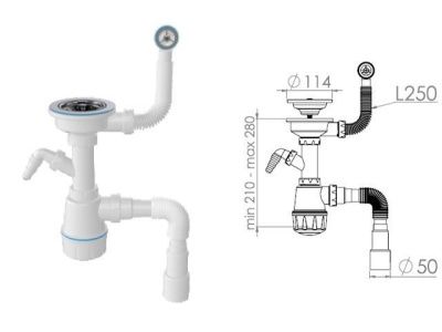 Сифон для кухни с круглым переливом, выпуск 3 1/2, пластиковый винт 45 мм, с гибкой трубой 1 1/2" AV Engineering AVE129739