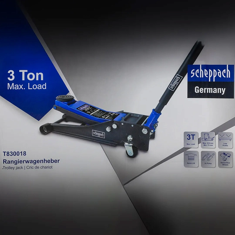 Домкрат подкатной гидравлический 3 т, 75-510 мм, низкопрофильный двухпоршневой с резиновой накладкой Scheppach Sch-T830018