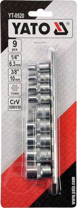 Набор торцевых головок Е-типа 1/4'' E5-8, 3/8'' Е10-16 9 пр. Yato YT-0520