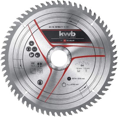 Диск пильный 210×30×1,8 мм, 64 зуба, для дерева, KWB 49587862