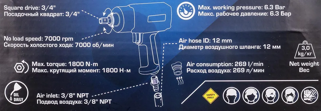 Пневмогайковерт ударный ''Twin Hammer'' с реверсом и регулировкой усилия в облегченном корпусе 3/4'' Forsage F-82566