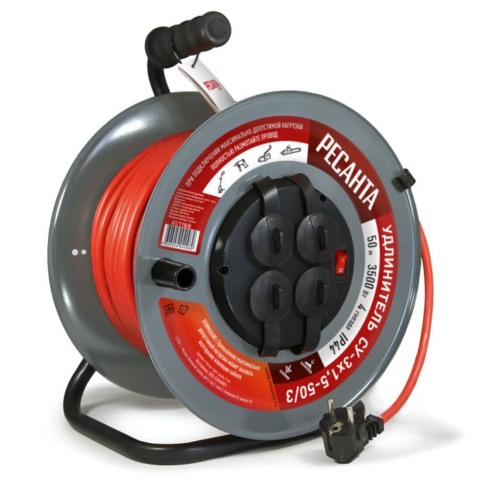 Удлинитель силовой на металлической катушке, СУ-3х1,5-50/3 (с выкл., 4 розетки, IP44) Ресанта 61/118/8
