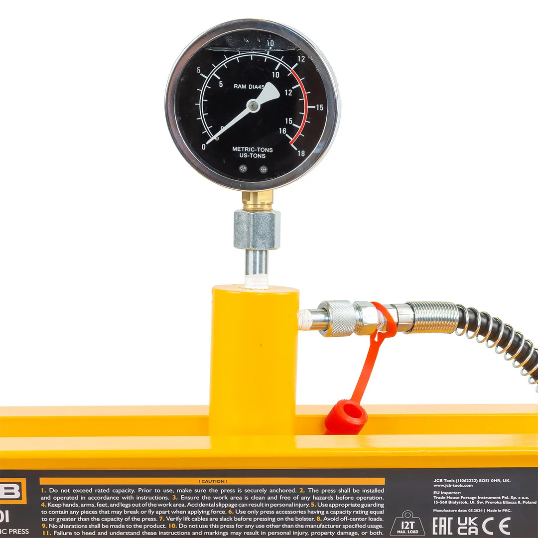 Пресс настольный гидравлический с манометром и выносным насосом 12 т, раб.высота 0-300 мм, раб. ширина 500 мм, ход штока 175 мм JCB JCB-TY12001
