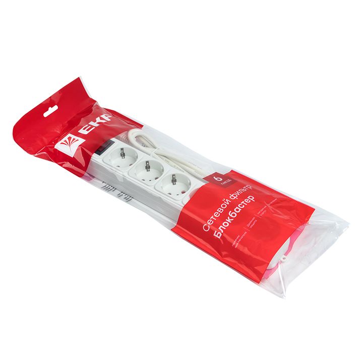 Сетевой фильтр 6*1,8м 10А/2,2кВт с выкл, c/з ПВС 3х0,75 Блокбастер EKF PROxima UFP10-375-6-018