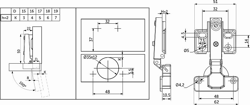 Петля внутренняя с доводчиком 48мм h2 несъемная планка, 4 отверстия, GRIDLI 113146