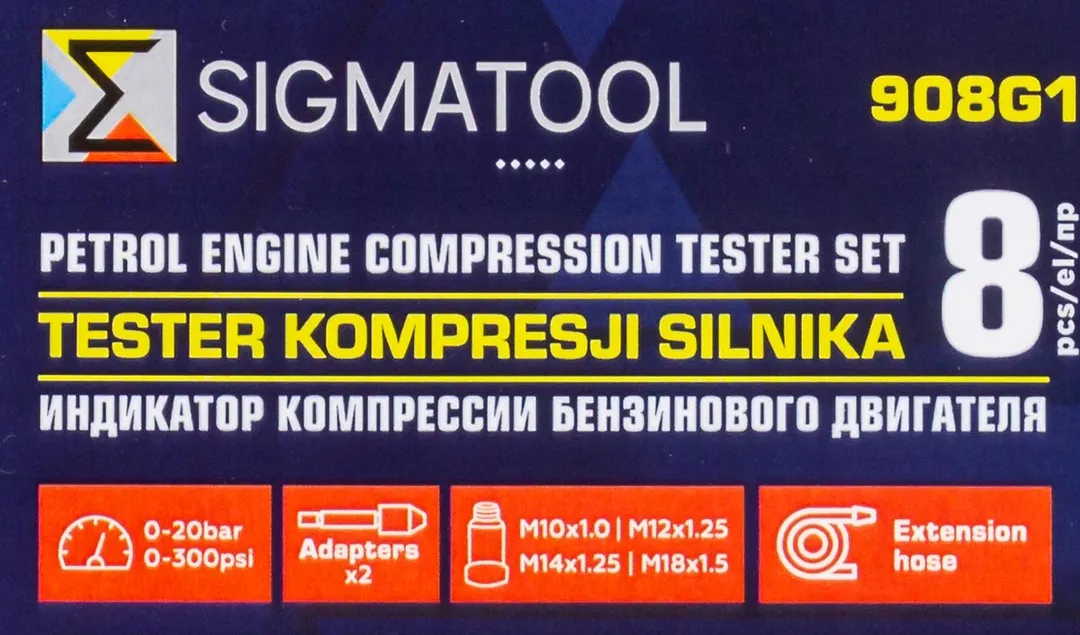 Индикатор компрессии бензинового двигателя 8 пр. 0-20Bar М10х1.0, М12х1.25, М14х1.25, М18х1.5 SIGMATOOL Sigmatool-908G1