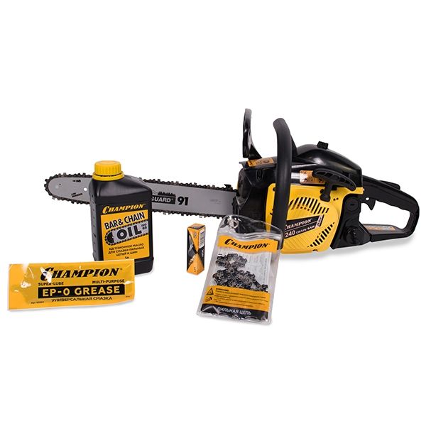 Бензиновая цепная пила, 1,7 кВт, 16''/400 мм, 12500 об/мин + подарок: масло для цепи 1л; свеча; цепь; смазка 0,5 гр. Champion А240-16