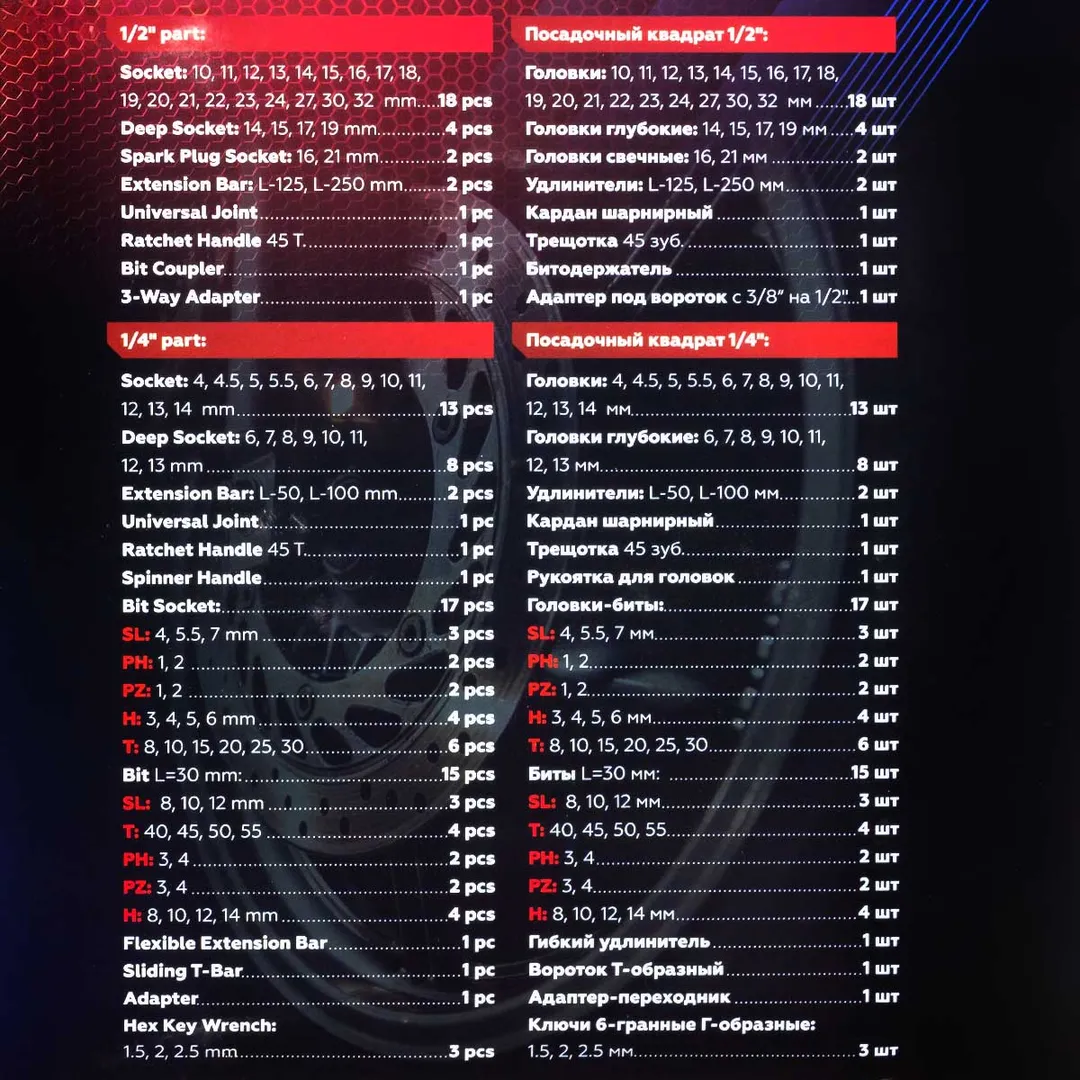 Набор инструментов 94 пр. 1/4''&1/2'' 6-гр. YATAFORCE YF-4941-5