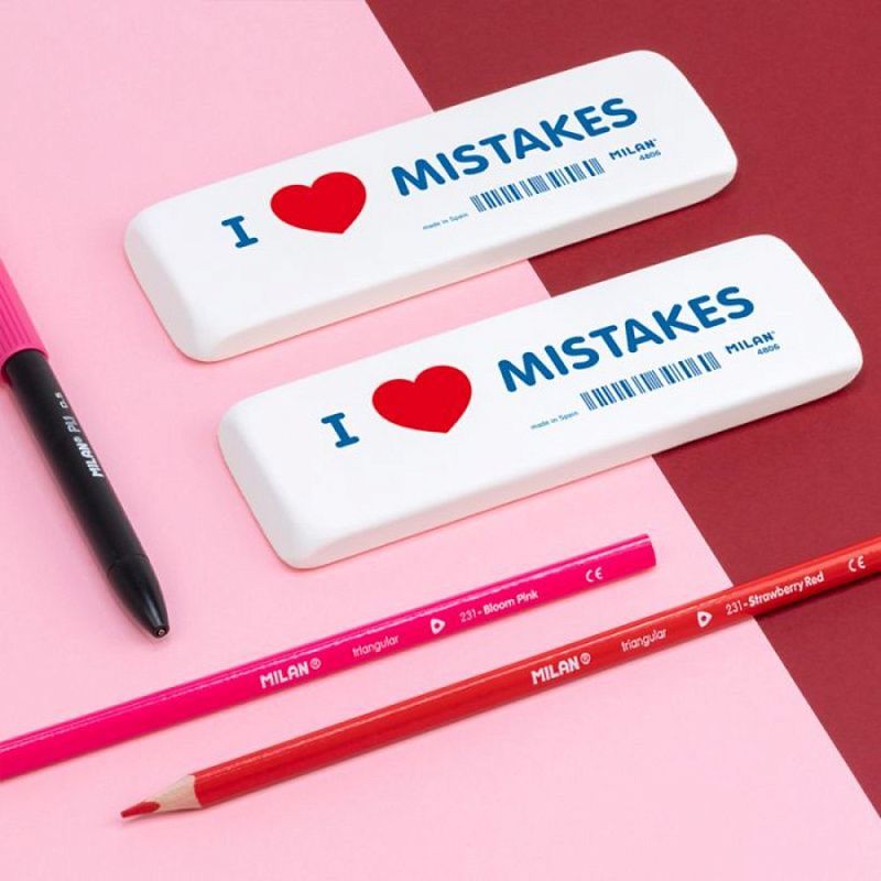 Ластик Milan "I love mistakes", 14x4,4 см, белый