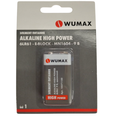 Элемент питания ALKALINE HIGH POWER 6LR61-9В, щелочной, WUMAX 18271150