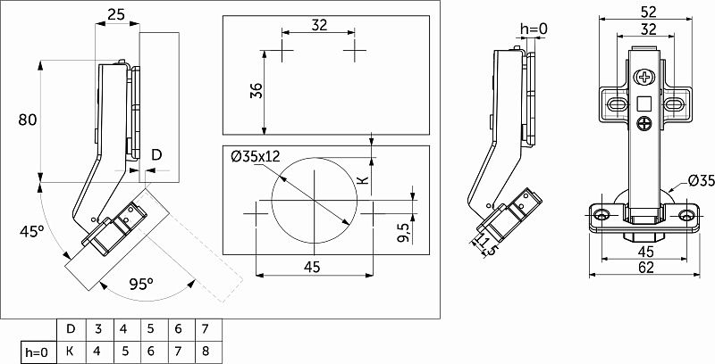 Петля угловая 45° с доводчиком 45мм h0 clip-on, саморезы, заглушки, AKS PLUS 117012