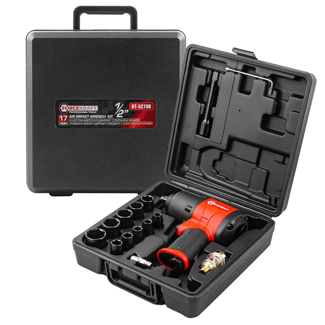 Пневмогайковерт ударный с комплектом ударных головок и удлинителем 17 пр, 1/2'' 720Нм ForceKraft FK-RT-5270K