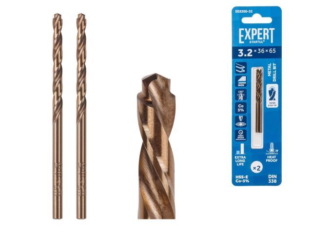 Сверло по металлу ц/х 3.2х36х65 мм HSS-Co, комплект из 2-х шт, кобальт 5% EXPERT STARTUL SE8300-32