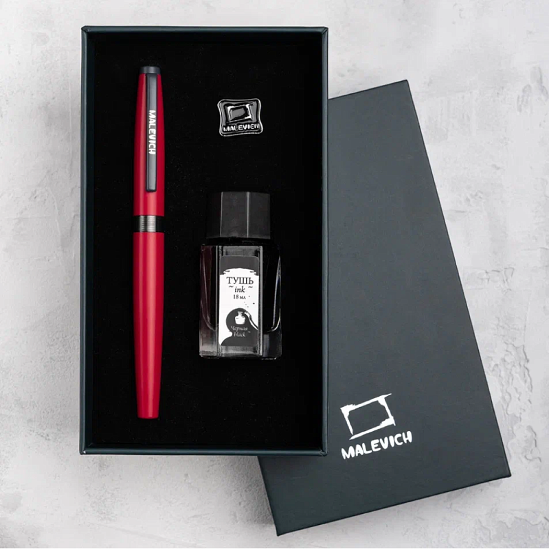 Ручка перьевая EF "Малевичъ", металл, с конвертером, набор чернила + значок, красный
