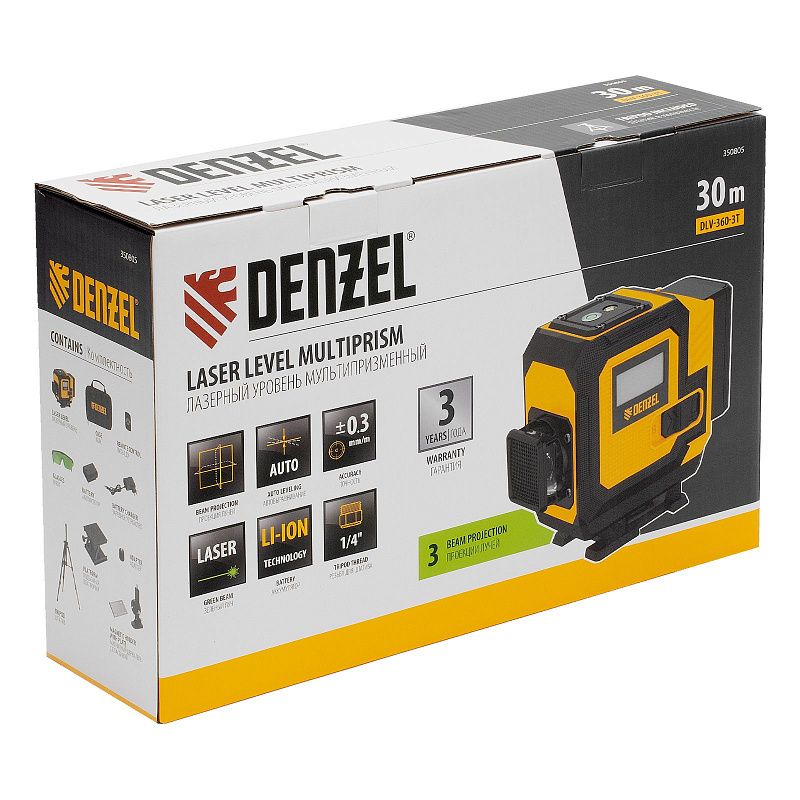 Лазерный уровень мультипризменный DLV-360-3T, 30 м, зеленый луч, Li-Ion 2,4 Aч, штатив Denzel 350805