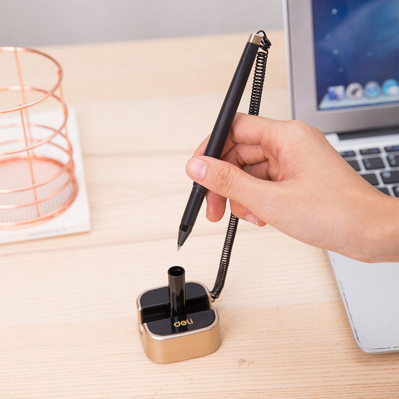 Ручка гелевая на подставке "Deli", черный, золотой, стерж. синий