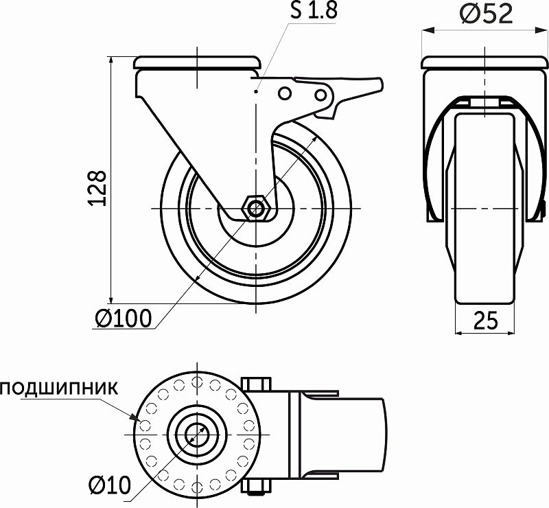 Колесо меб. TECH d100 h128 под винт М10 с торм., серый AKS 123100