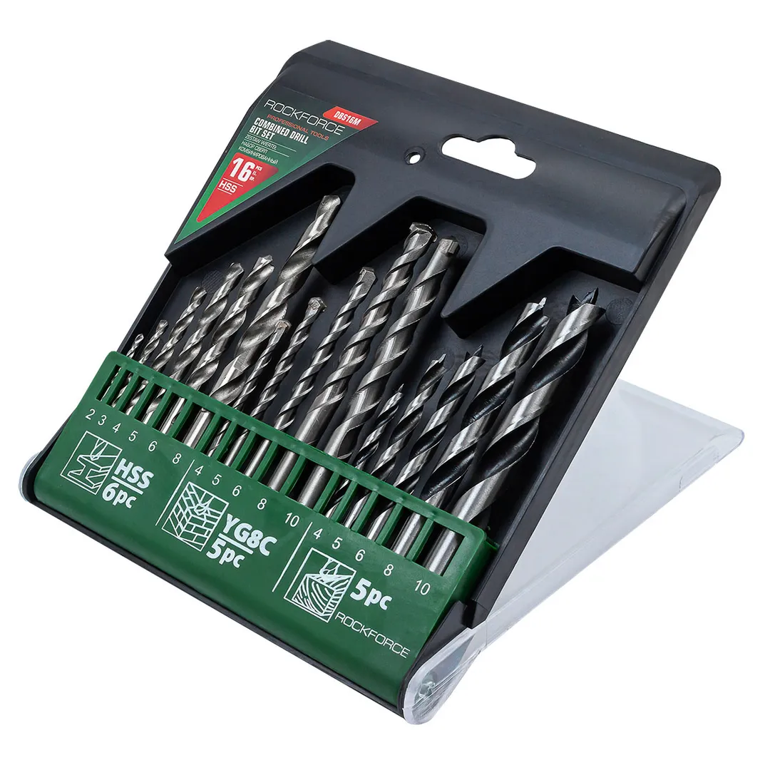 Набор сверл комбинированный 16 пр., по металлу: 2, 3, 4, 5, 6, 8 мм, по бетону: 4, 5, 6, 8, 10 мм, по дереву: 4, 5, 6, 8, 10 мм RockForce RF-DBS16M
