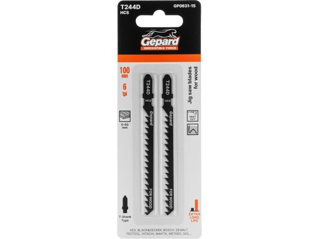 Пилка лобз. по дереву T244D, 2 шт., пропил криволинейный, грубый, быстрый рез GEPARD GP0631-15