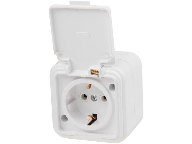 Розетка 1-ая, открытая, с/з, брызг. защ., белая, Стандарт, RA16-211-Б, Юпитер JP7410-05