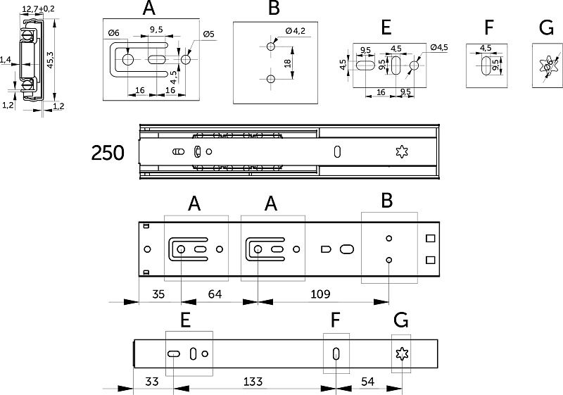 Направляющая шариковая L-250 h45 SOFT CLOSE A PRIME by AKS 114792