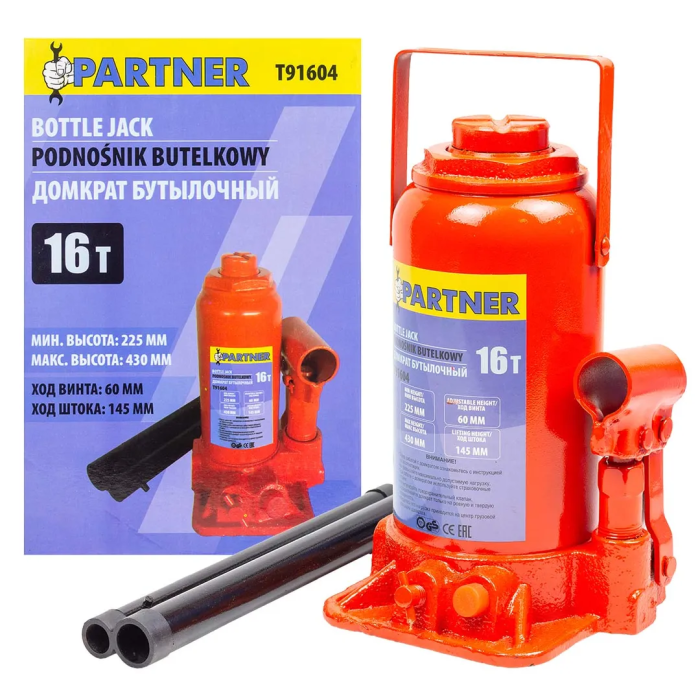 Домкрат бутылочный 16 т, с клапаном, 225-430 мм Partner PA-T91604