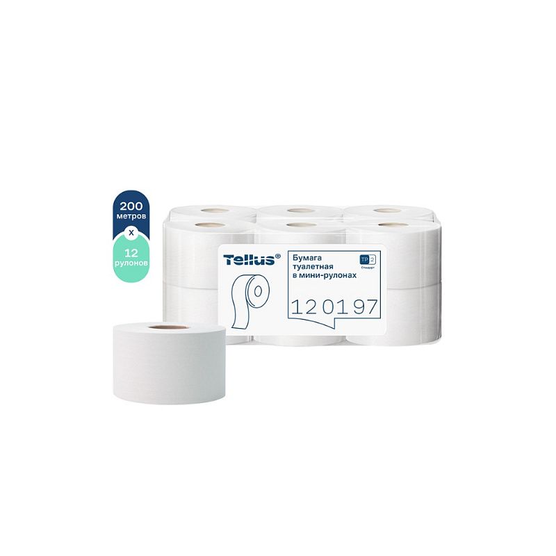 Бумага туалетная Tellus Стандарт, Т2, в мини рулоне, 200 м, 1 слой
