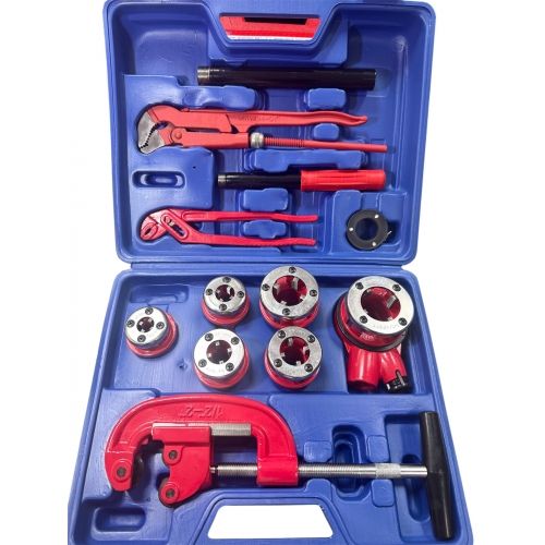 Набор инструмента сантехнического 12 пр, клуппы трубные 1/4" - 1 1/4" с трещоткой, труборез, ключи H-D HD-2909