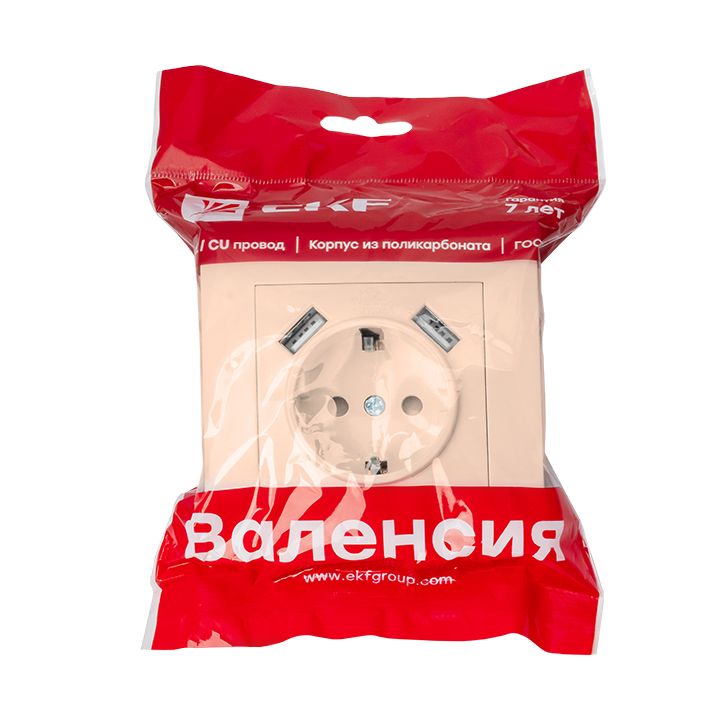 Валенсия розетка 1-местная с/з 16А кремовая с защ, штор, с 2 USB 2,1А EKF PROxima EWR16-028-20-2USB