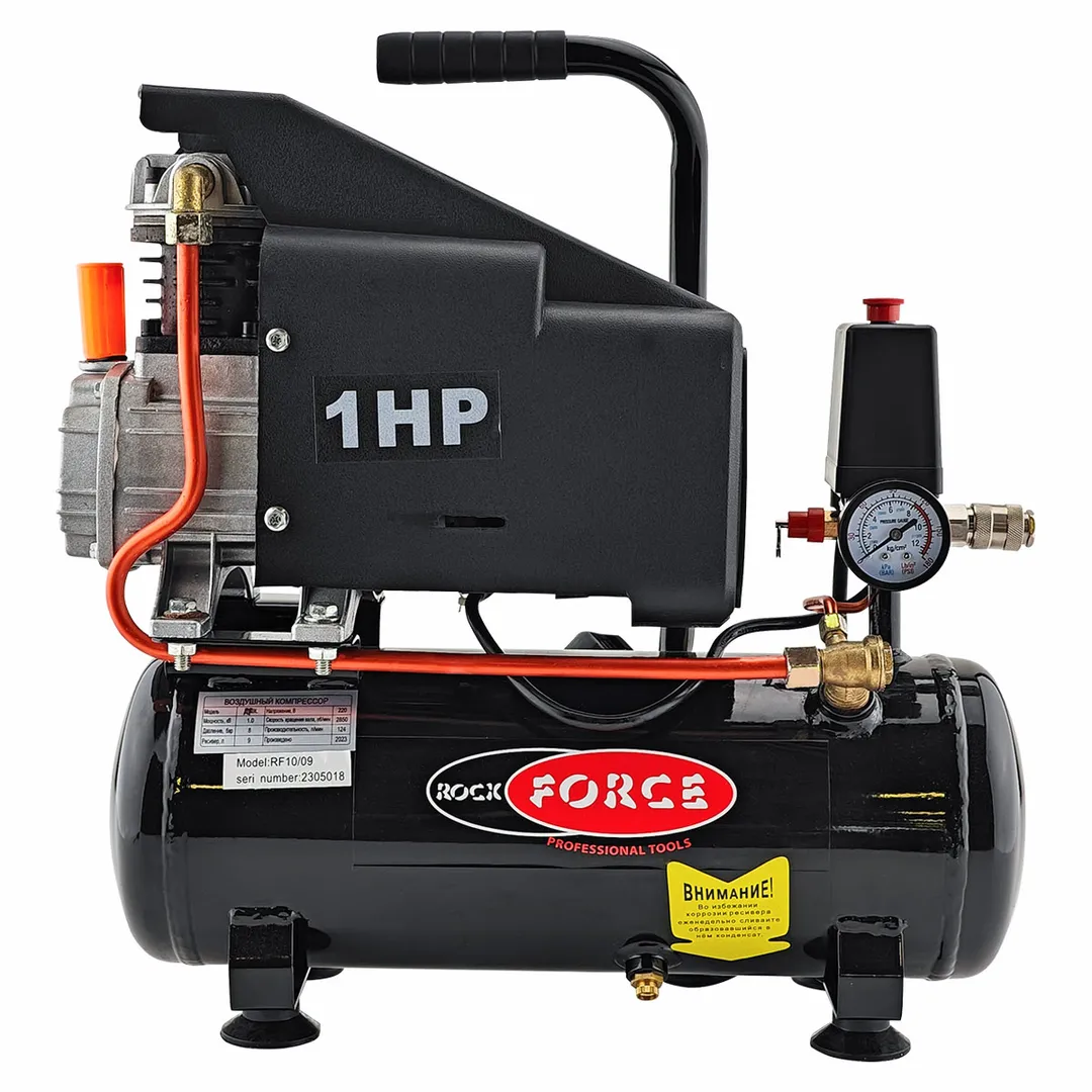 Компрессор поршневой масляный с прямым приводом, 220В, 1.1кВт, 2850 об/мин, ресивер 9 л,8бар, 155л/м, 93дБ RockForce RF-9L