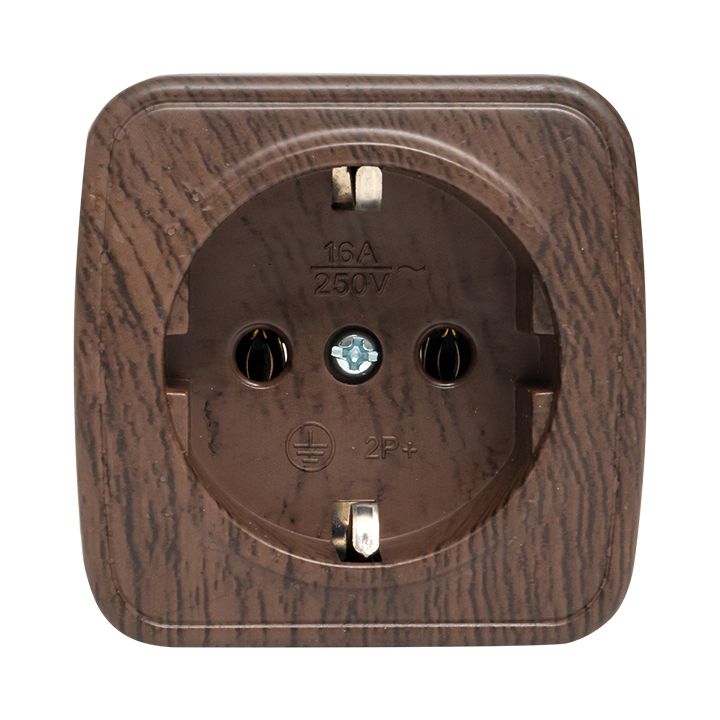 Розетка 1-местная ОП Минск 16А с заземлением тёмное дерево EKF EGR16-028-40