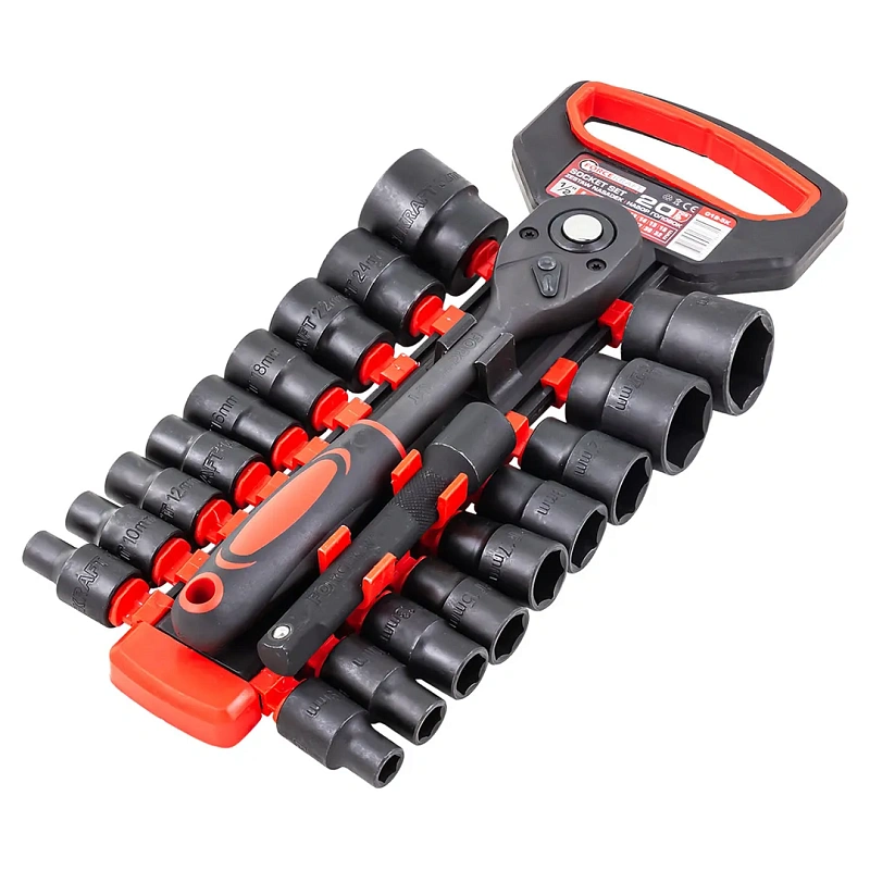 Набор ударных головок с трещоткой и удлинителем 20 пр. 1/2'' 6-гр, 8-32 мм ForceKraft FK-019-5K