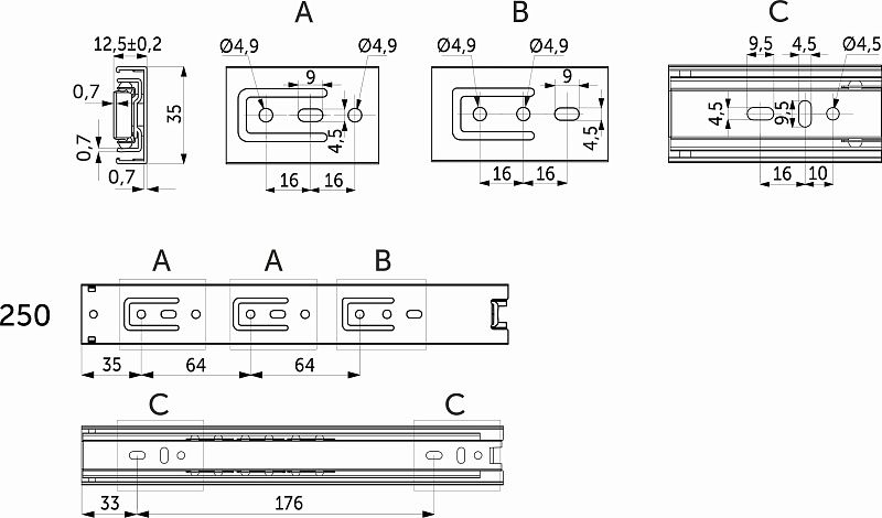 Направляющая шариковая L-250 h35 A AKS 116164