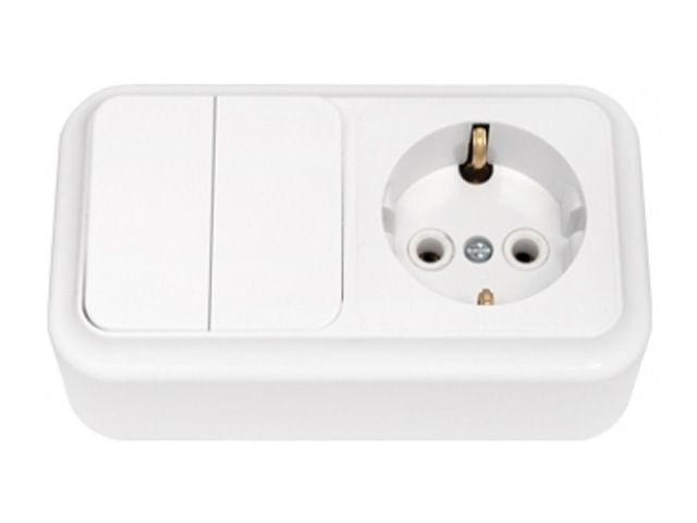 Блок выкл. 2 клав. + розетка (открытая, с/з) белая, Пралеска, Bylectrica 2В-РЦ-529