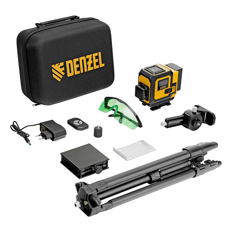 Лазерный уровень мультипризменный DLV-360-3T, 30 м, зеленый луч, Li-Ion 2,4 Aч, штатив Denzel 350805