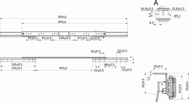 Механизм для раздвижных столов внешний синхронный со стопором L-600 мм AKS 114308