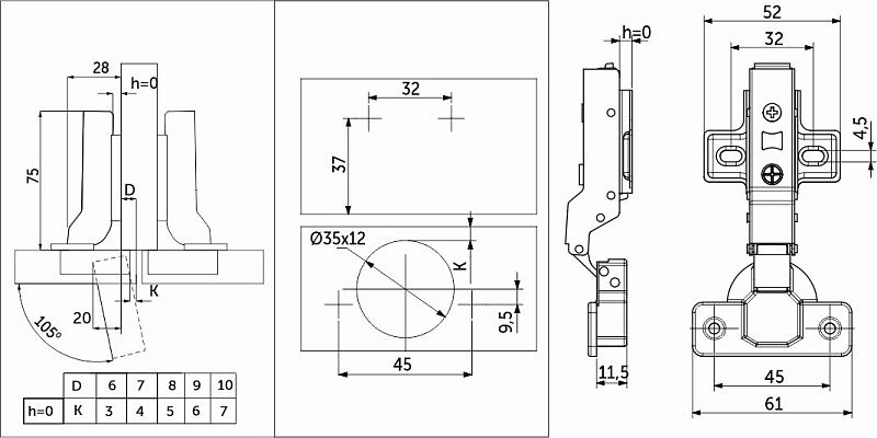 Петля полунакладная с доводчиком 45мм h0 clip-on, саморезы, заглушки, упак 2 шт., PRIME by AKS 112643