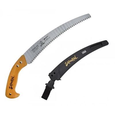 Пила усиленная, изогнутое полотно, деревянная ручка L300 мм/4 мм/1.2 мм, в чехле с поясным креплением Samurai W-330-LH(2)