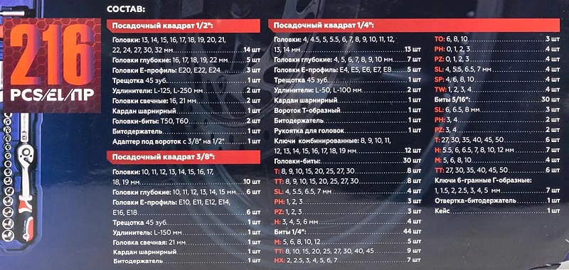 Набор инструментов 216 пр. 1/4''&3/8''&1/2'', 6-гр. YATAFORCE YF-38841