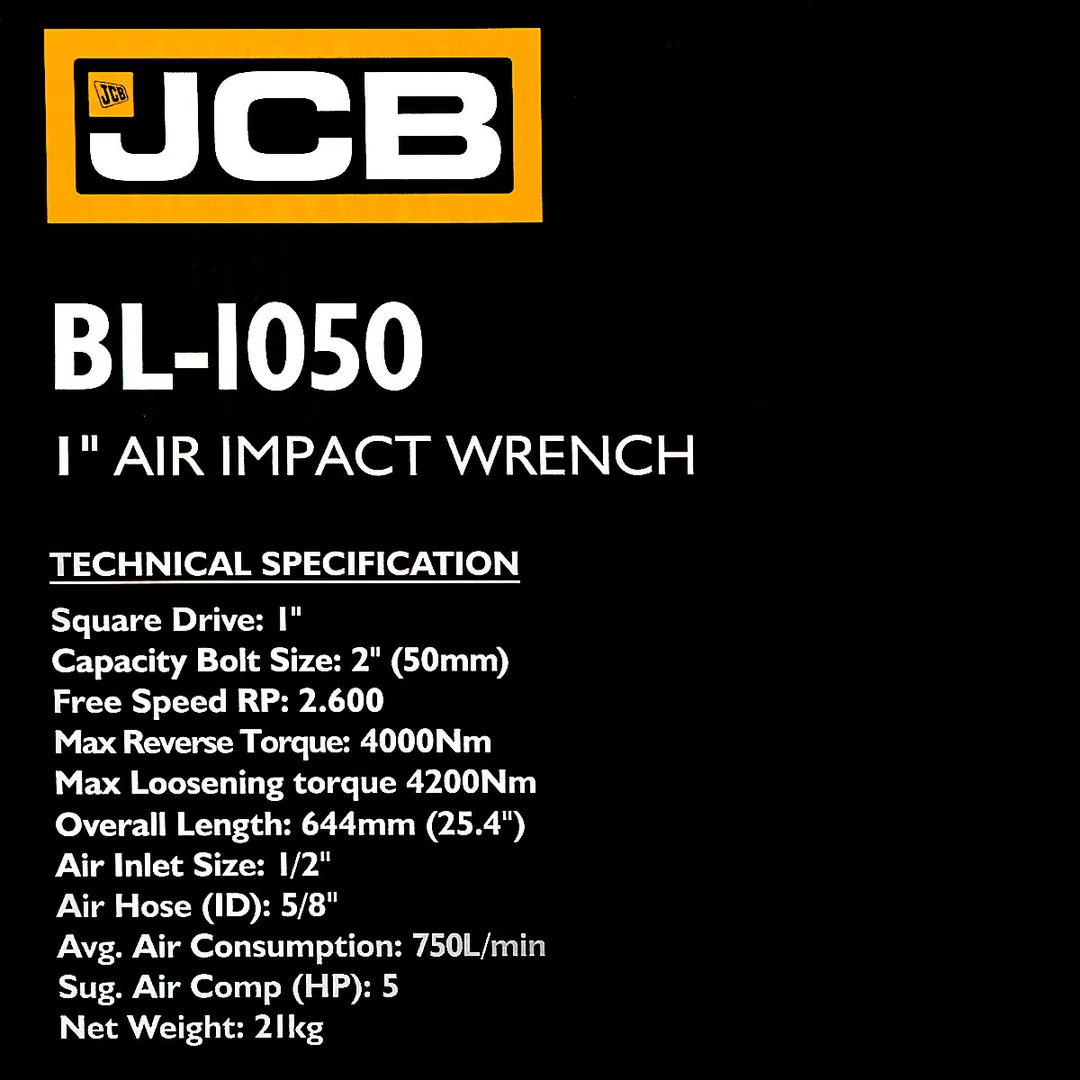 Пневмогайковерт ударный с длинным валом,реверсом и регулировкой усилия 1'' 4000/4200Hм, 2600 об/мин, 750 л/мин JCB JCB-BL-1050
