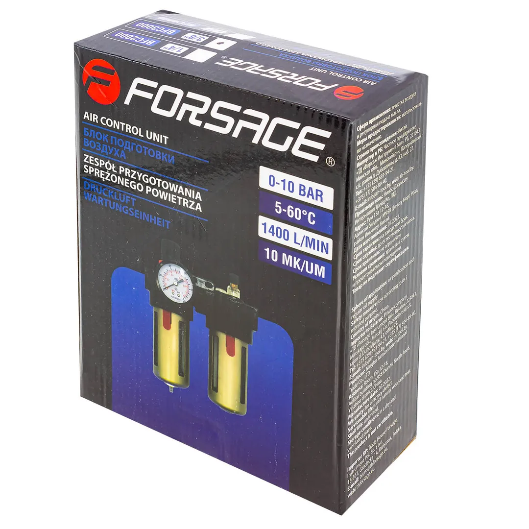 Блок подготовки воздуха 3/8'', фильтр-регулятор+лубрикатор, 10Мк, 1400 л/мин, 0-10bar, раб.t 5°-60° Forsage F-BFC3000
