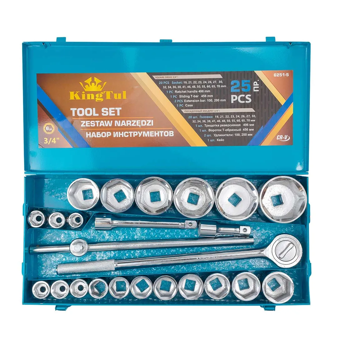 Набор торцевых головок 25 пр. 3/4'' 6-гр. 19-70 мм, в металл.кейсе KINGTUL KT-6251-5