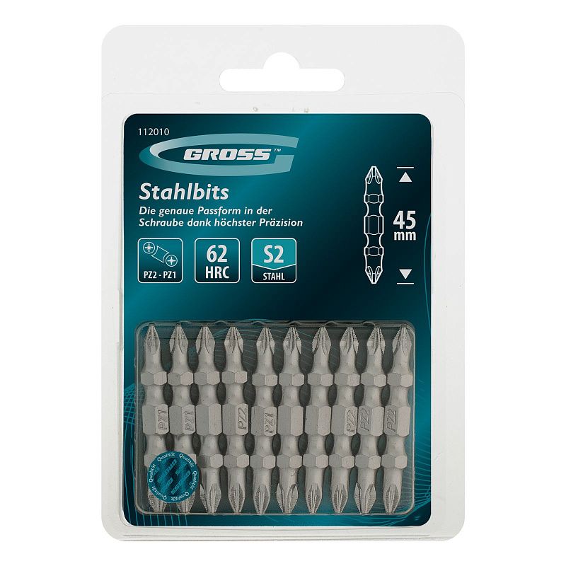 Бита двухстор., PZ2-PZ1х45мм, сталь S2, 10шт. Gross 112010