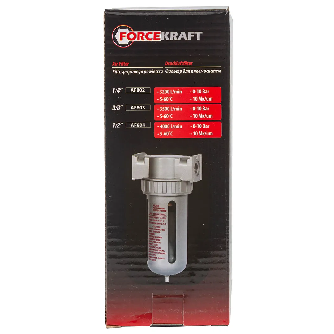 Фильтр воздушный для пневмосистем 1/4'', 10Мк, 3200 л/мин, 0-10bar,раб. температура 5°-60° ForceKraft FK-AF802