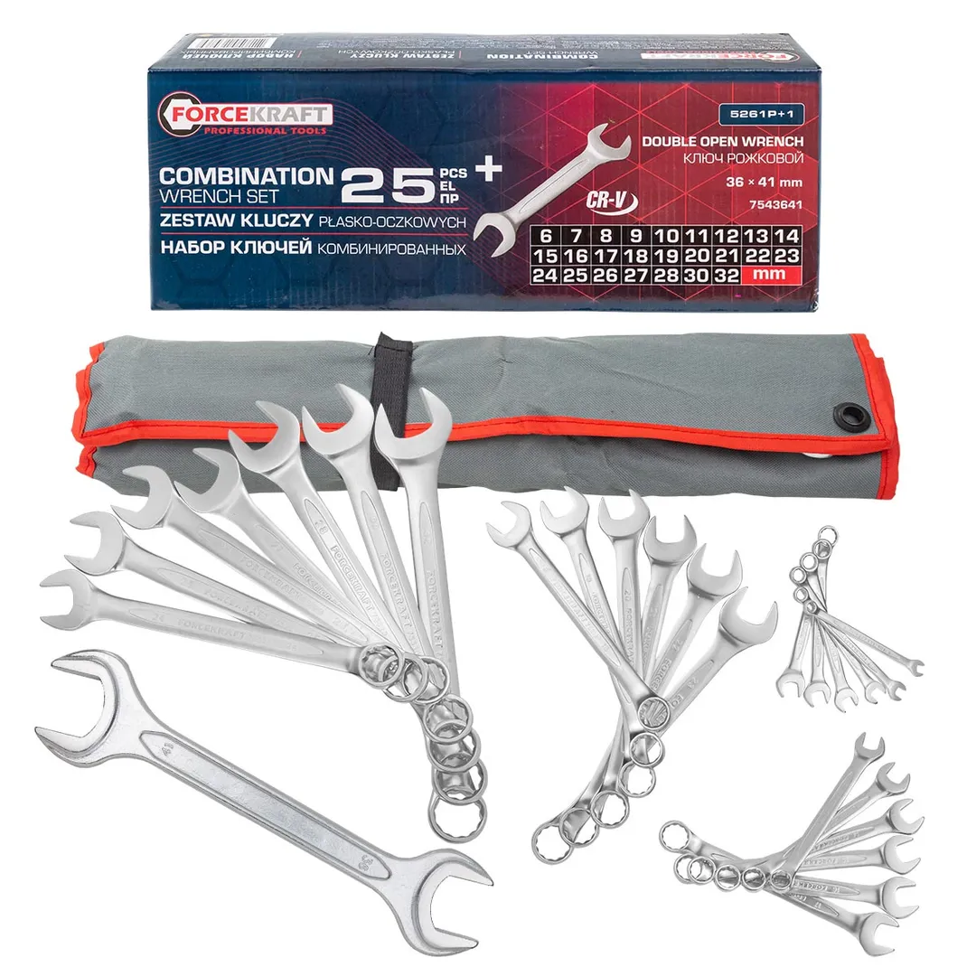Набор комбинированных ключей 6-28, 30, 32 мм, ключ рожковый 36х41 мм 26 пр ForceKraft FK-5261P+1