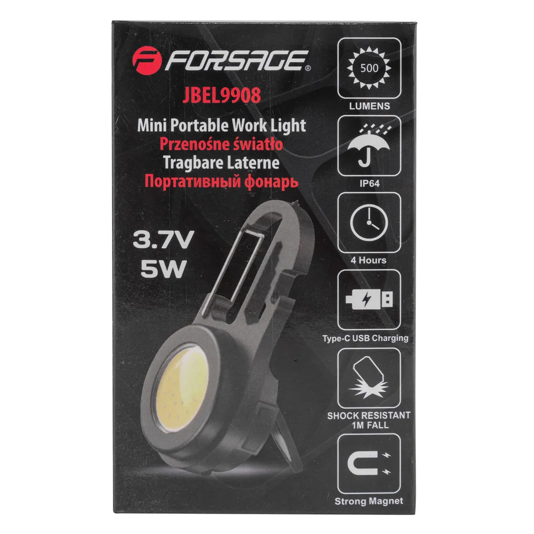 Фонарь портативный многофункциональный, светодиод COB, 3 режима освещения, 3.7V, 5W, IP64 Forsage F-JBEL9908